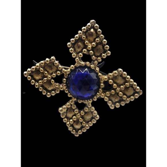 Four Point Dotted Cross Brooch Blue Fauceted Large Rhinestones Gold Tone - Picture 5 of 13